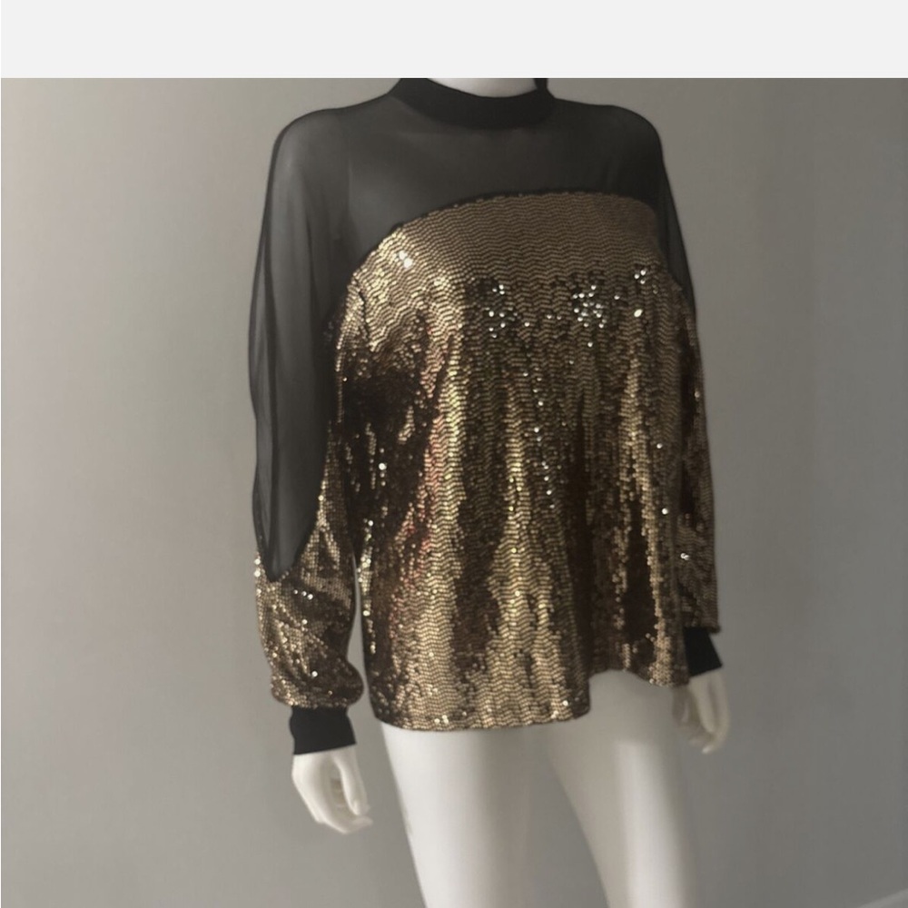 Nine West Gold and Black Sequin Women's Top - Long Sleeve Blouse